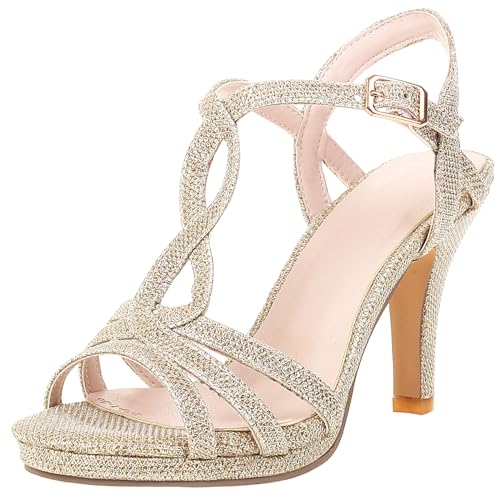 Smilice Mujer Tacón Stiletto Sandalias Dedos Abiertos Zapatos de Traje para Fiesta, dorado, 38 EU