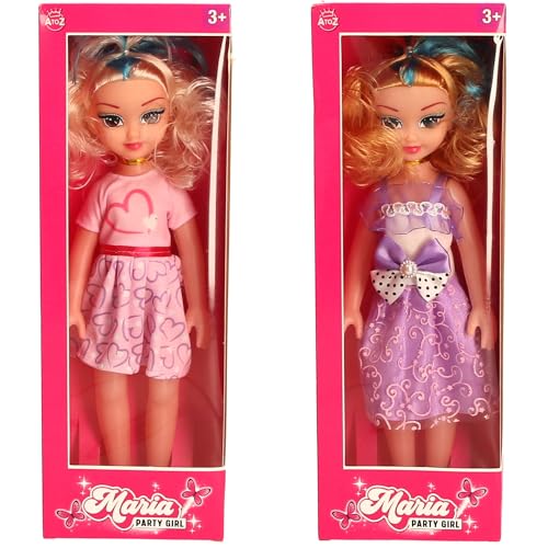 A to Z Maria Party Girl Fashion Doll Set, 2 Outfits - Pink Heart Dress and Purple Party Dress, Ages 3+