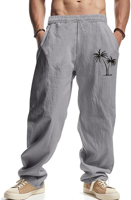 Mens Casual Linen Pants Loose Fit Elastic Waist Drawstring Trousers Summer Beach Pants with Pockets