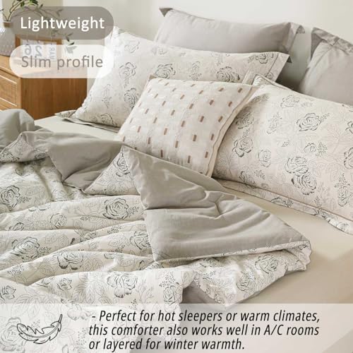 LEMIROE Vintage Botanical Cotton Comforter Queen Size 3PC - Elegant Floral Sketch on Ivory White with Tan Herringbone Reverse – Reversible Lightweight Comforter Set with Soft Fill(90"×90") — view 2