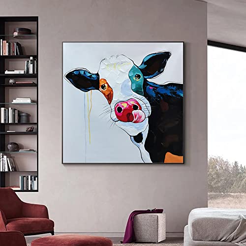 Grand tableau vache peinture à l'huile sur toile moderne art mural chambre 70x70 cm - 5