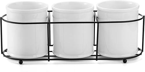 Miniatura 3 de Bekith 3-Piece Ceramic Silverware Caddy with Metal Rack, Utensil Holder Flatware Caddy Cutlery Storage Organizer for Kitchen Table, Cabinet or Pantry