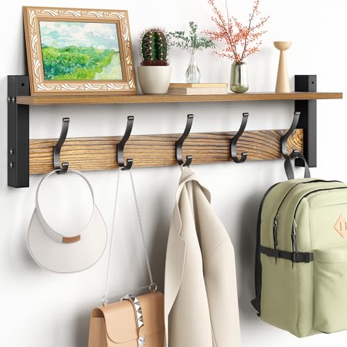 Optish Coat Rack Wall Mount with Shelf, 24 Inch Coat Hanger Walls Mounted, Hat Rack for Walls, Shelf with 5 Coat Hooks, Wall Hanger for Entryway (Brown) by Optish - Used condition - US$26.39