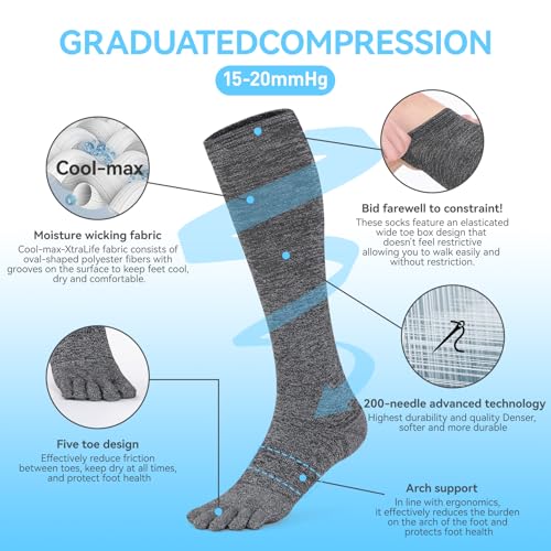 Image of cool-max Compression Toe Socks for Women Men 15mmHg 3 Pairs Knee High Socks for Athletic Running Hiking Cycling Working Dark Grey Xlarge