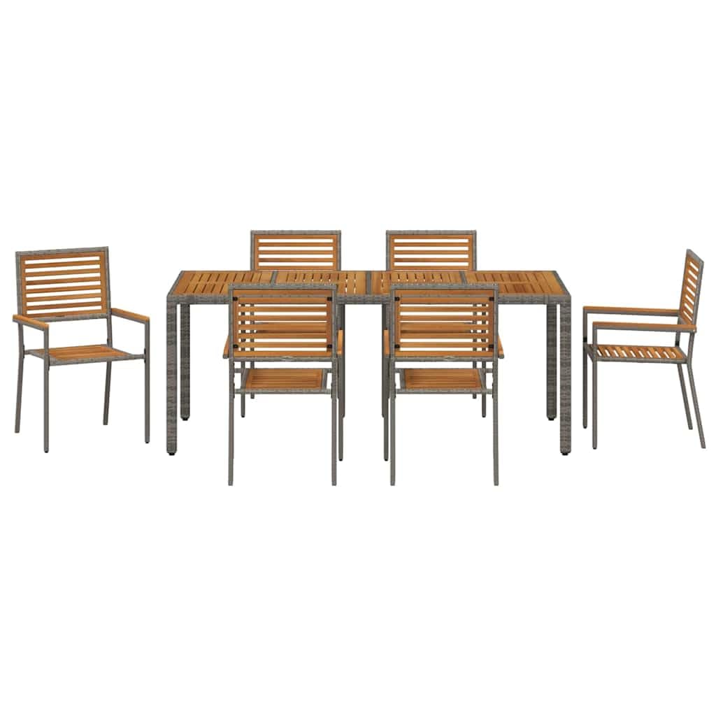 Polirattan nowoczesny zestaw ogrodowy Akacja 7 elementów Szary 190 cm | Zestaw do jadalni w ogrodzie 7 pcs Szary i brązowy polirattan, nowoczesny mebel tarasowy, stół i 6 krzeseł z akacji,