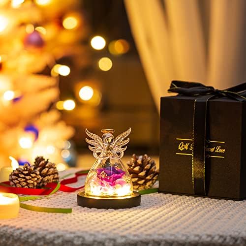 Beauty and The Beast Rose in Glass Dome Angel Ornament Gifts with Led Light Preserved Eternal Forever Enchanted Rose for Women Mum Her Birthday Decorations Wedding Anniversary