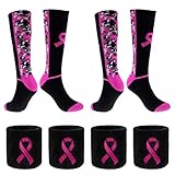 Sports Breast Cancer Awareness Pink Ribbon Socks& Wristbands Set for Baseball,Basketball,Softball,La