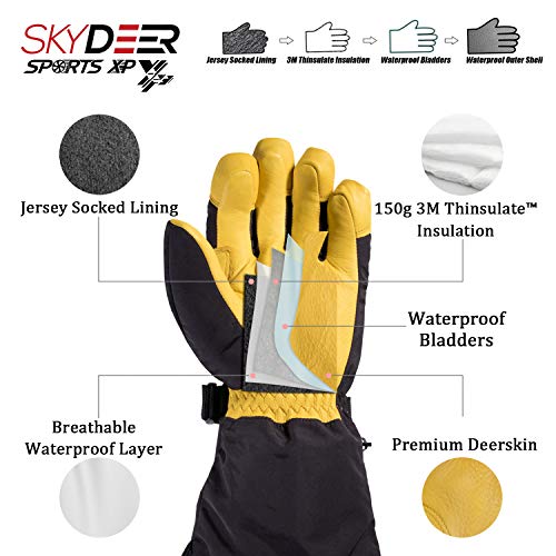 SKYDEER Waterproof Cold Weather Deerskin Leather Winter Ski Gloves (SD8648T/XL)