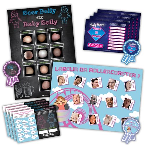 Baby Showered UK 3 Baby Shower Games - Beer Belly or Baby Belly, Labour or Rollercoaster, Price is Right - 3 Winner Prizes - 20 Player Game Pack - XL Posters - Ages 3+