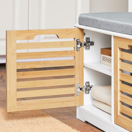 SoBuy Banco Zapatero con Asiento, Banco Almacenaje con 2 Puertas y Cojín Acolchado – Banco Entrada Recibidor, Blanco+Natural, 71 x 35 x 43 cm, Soporta 133kg – FSR23-II-WN - imagen 8