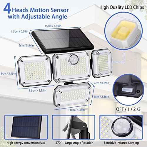 HELLYMOON Solar Outdoor Security Lights, 3000LM Floodlights Motion Sensor Lights with 270° Adjustable 4 Heads, IP65 Waterproof, Solar Outdoor Lights Wall Light for Yard Garden Pathway (2 Packs)