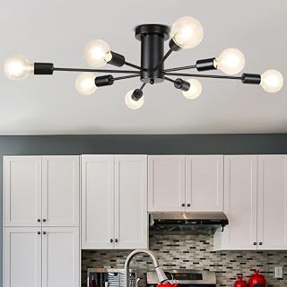 Modern Sputnik Ceiling Light 8 Light, Black Sputnik Chandeliers, Semi Flush Mount Ceiling Light Fixture, Mid Century Ceiling Pendant Lighting for Living Room Dining Room Bedroom Kitchen