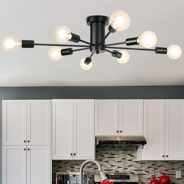 Modern Sputnik Ceiling Light 8 Light, Black Sputnik Chandeliers, Semi Flush Mount Ceiling Light Fixture, Mid Century Ceiling Pendant Lighting for Living Room Dining Room Bedroom Kitchen