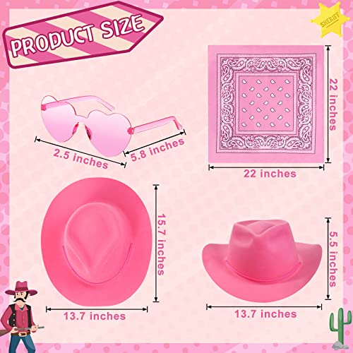 Newcotte 18 Pcs Western Cowboy Hat Set Include 6 Felt Cowgirl Hats 6 Paisley Bandanas 6 Pairs Heart Glasses for Party Costume(Pink) by Newcotte - Image 2