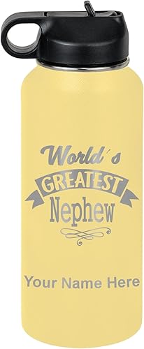 Miniatura 39 de LaserGram Botella de agua con tapa abatible de doble pared de 20 onzas con popote, sobrino más grande del mundo, grabado personalizado incluido
