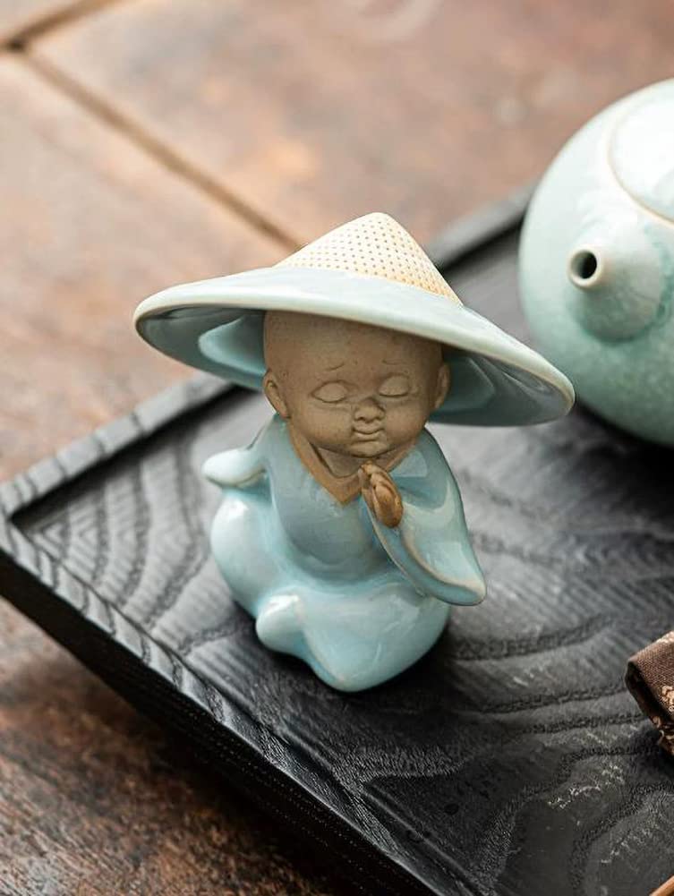 Infusor de té de malla fina de cerámica, infusor para té suelto, colador de malla fina, estatua de monje pequeño, decoración de mesa de té, filtro de té A08