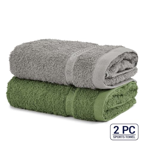 Image of Welspun Arlo Sports Hand Towel Set of 2 | 100% Cotton Gym & Fitness Essential | Soft, Absorbent & Quick Dry Sport Towel | Sweat Control for Workout, Yoga & Travel | 40 x 90 cm | Grey & Green