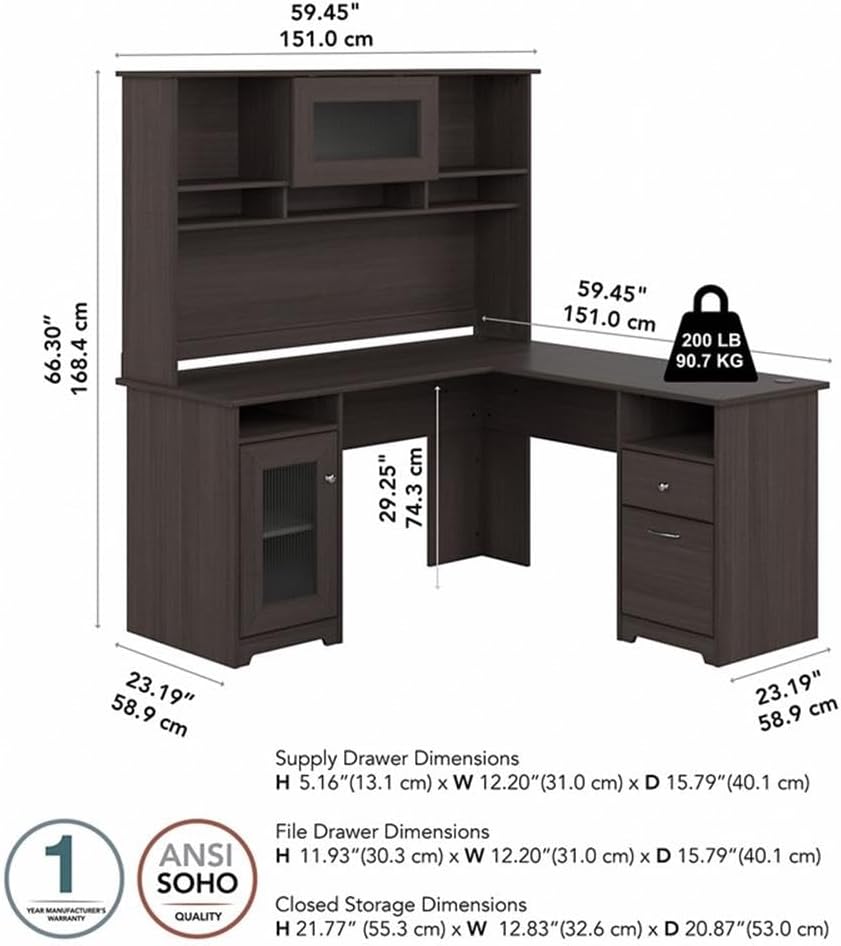 Bush Home Cabot L Shaped Desk with Hutch, Corner Desk with Storage for Home Office in Heather Gray, 60W L Shaped Computer Desk