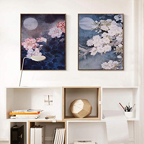 Toile paysage style chinois pour habiller grand mur vide pivoine bleu nuit lot de 2 peintures