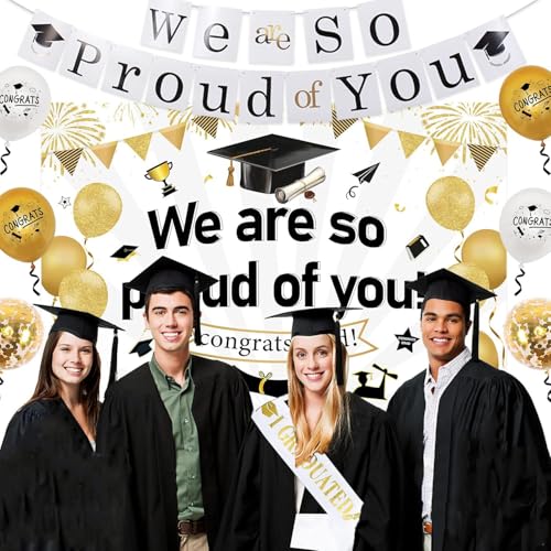 Sursurprise Graduation Decorations 2025, White Gold We Are So Proud of You Backdrop Banner, Congrats Balloons - Image 2