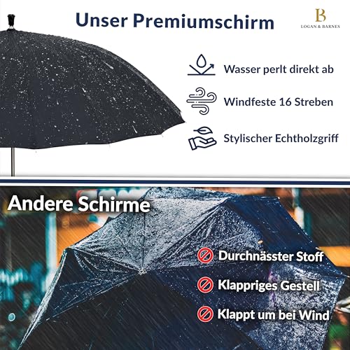 LOGAN & BARNES Stockschirm Sturmfest Ø120cm mit hochwertigem Echtholzgriff und geräuschloser Gummispitze - XXL Regenschirm Groß mit 16 Streben - Modell EDINBURGH (Schwarz)