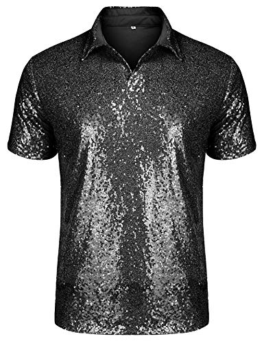 URRU Men's Relaxed Short Sleeve Turndown Sparkle...