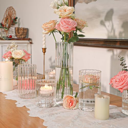 image for ComSaf Glass Cylinder Vases Pack of 12, Clear Ribbed Bud Vases for Cen