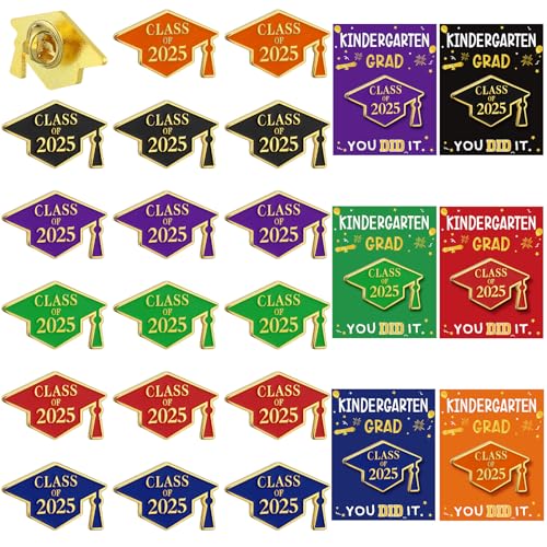 Image of 30 Pcs Kindergarten Graduation Gift Class of 2025 Graduation Pins Bulk Cap Emblem Lapel Pins with Card Souvenir Congrats Gift for Kindergarten