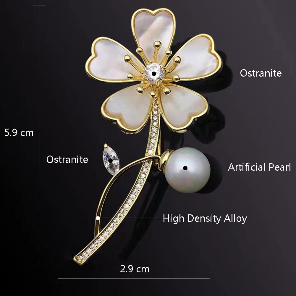 Flower Brooch Pin for Women, Fashion Lady Lapel Pearl Brooch with Crystal Rhinestones