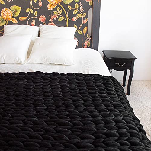 Ganlinia Chunky Knit Blanket Merino Wool Blend Giant Yarn Soft Cable Knitted Throw Handmade Home Decorate, Black, 60"X80" #TOP4