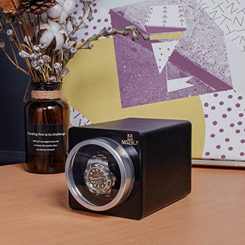 mozsly watch winder for single automatic watches with quiet motor 12 rotation mode setting leather