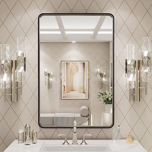 Image of LOAAO 20X30 Inch Black Metal Framed Bathroom Mirror for Wall, Matte Black Bathroom Vanity Mirror Farmhouse, Large Rounded Rectangle Mirror, Anti-Rust, Hangs Horizontally or Vertically