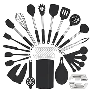 Silicone Kitchen Cooking Utensils Set with Stainless Steel Handle, Spatula Set Utensil Set, Cooking Utensil Set,Kitchen Tools Gadgets for Nonstick Cookware (35, Black)