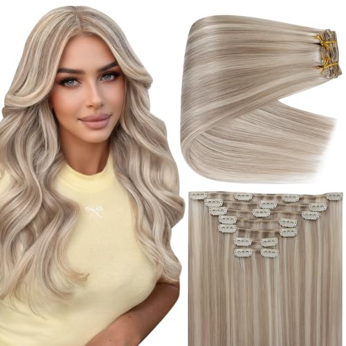 Image of Full Shine Thick Clip in Hair Extensions Real Human Hair, 22 Inch 220g 7Pcs | Clip in Extensions for Women, Ash Blonde Highlighted Blonde Seamless Invisible Fit Extra Thick, Full Head Coverage