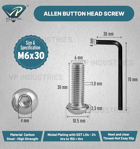 Image of By inchVP INDUSTRIES inch (Pcs-25) M6x30 mm Allen Button Nickel Finish Head Cap Screw High Tensile | Round Head Screw for Modular Furniture, Wooden Work, Electrical Fittings, DIY & Industrial Use