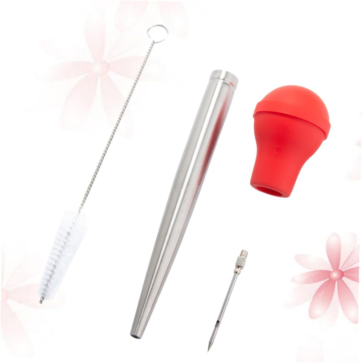 Stainless Steel Turkey Baster with Food Grade Silicone Tube and Cleaning Brush Marinade Injector for Juicy Meat Flavoring Cooking Tool for Home and Restaurant Kitchen Red
