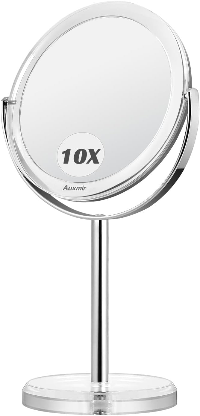 Auxmir 10X Magnifying Makeup Mirror, 6.8’’ Double Sided 1X / 10X Magnifying Tabletop Mirror with Tweezers, 360° Rotation Free Standing Vanity Mirror for Dressing Table, Desk, Bathroom, Bedroom