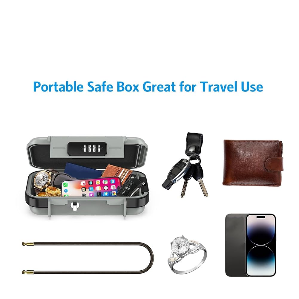 Coffre-fort de voyage portable avec serrure à combinaison – Idéal pour dortoirs, hôtels, plages – Rangement sécurisé pour objets de valeur – Design compact gris