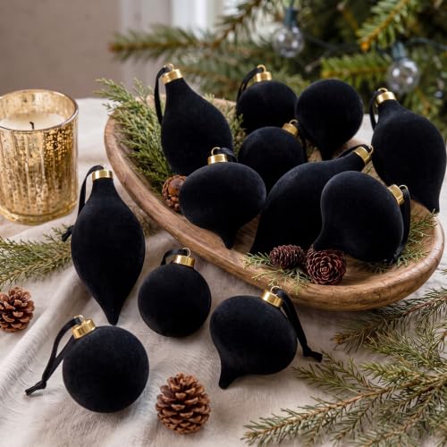 Junkin 12 Pcs 2.36 Inches Velvet Christmas Balls Ornaments, Black