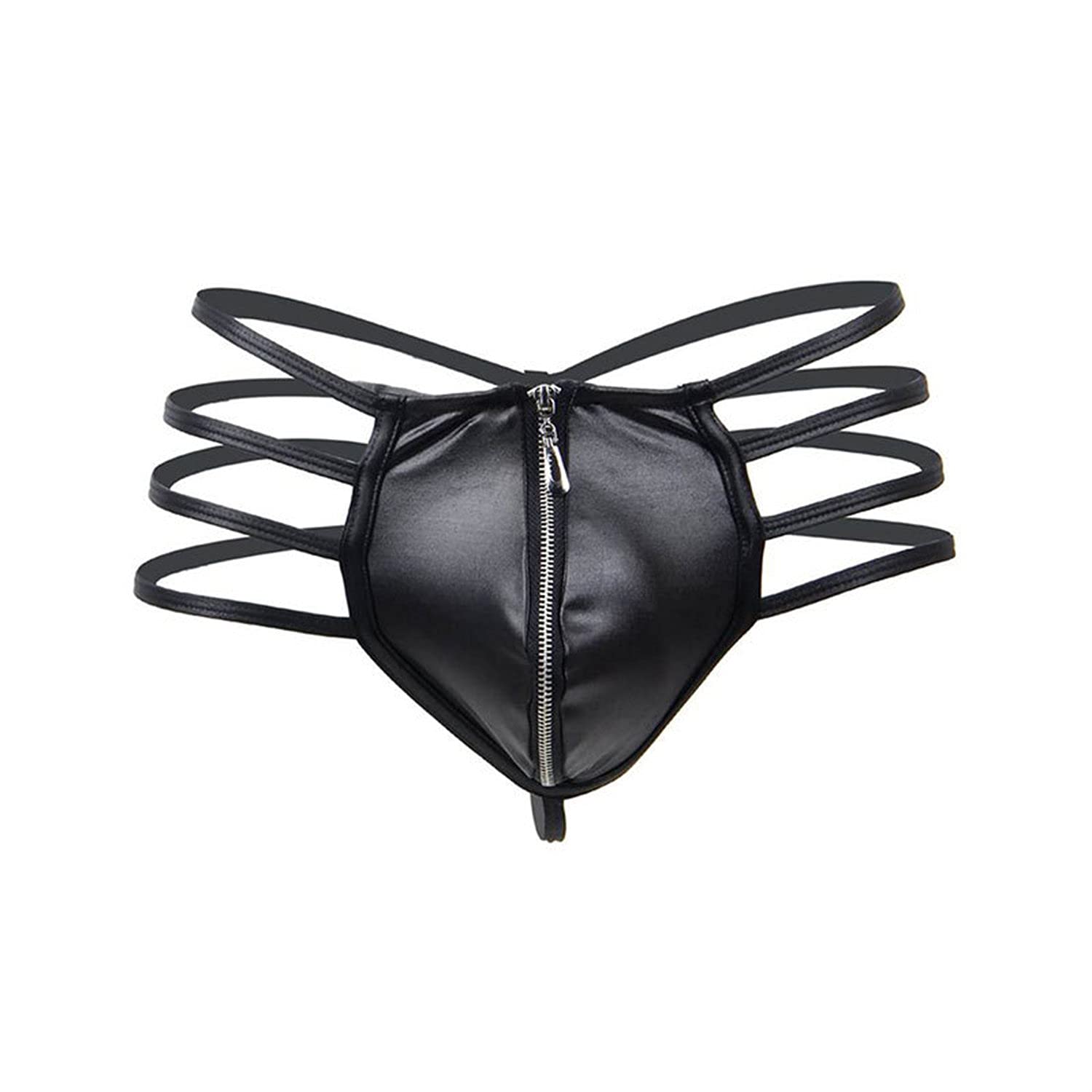 Men's Backless Jockstrap Thongs Sexy Zipper Open Front See-Through Underwear Sexy Hollow Out Low Rise G-Strings Briefs (Black,Large) - 