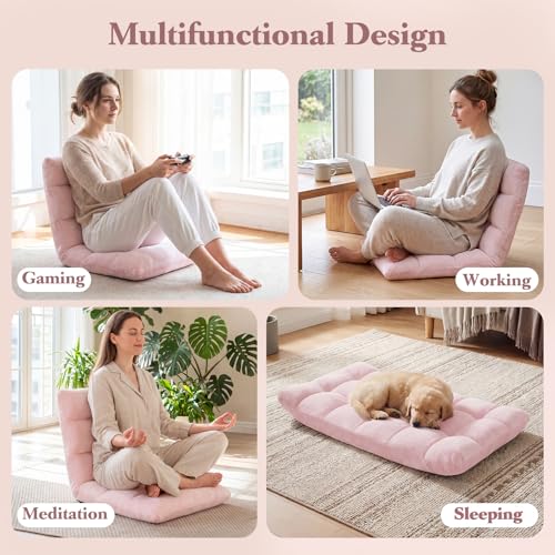 Image of Giantex Folding Floor Chair with Back Support, 14 Adjustable Position, Padded Sleeper Bed, Couch Recliner, Gaming Video Chairs for Adults, Meditation, Living Room (Light Pink)