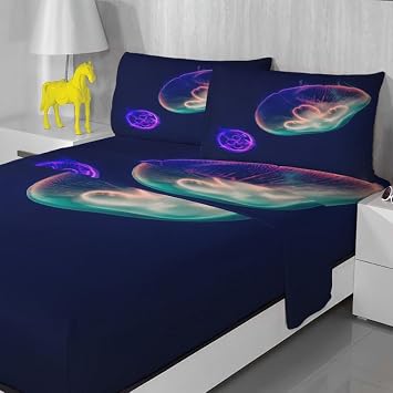 Jellyfish Bed Sheets Queen Size - Marine Life Sheet & Pillowcase Sets - Luxurious 100% Microfiber, High Thread Count Print, Flat Sheet & Deep Pocket Fitted Sheet & 2 Pillowcases