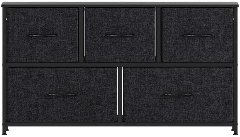 Pemberly Row 5-Drawer Dresser, Black Non-Woven Fabric Drawers with Wood Handles, Black Wood Top, Black Iron Frame, 39.25" W x 11.75" D x 21.5" H, Adjustable Floor Glides, Vertical Storage Organizer