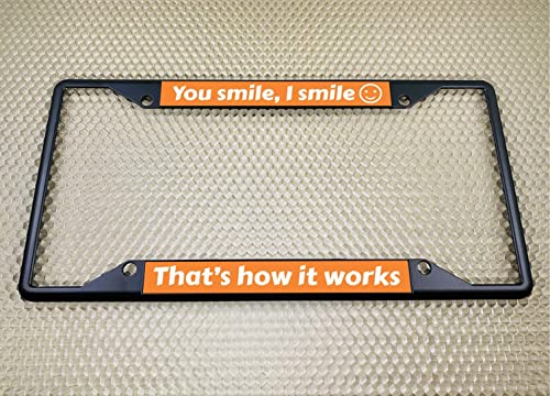Image of Personalized with Custom Text Design - 4 Hole Black Metal Laser Engraved US Standard Size - Car License Plate Frame with Free caps - Orange /White Text (Qty: 1 Frame)