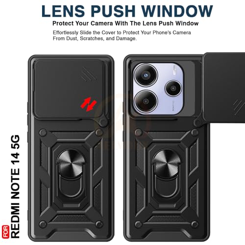 Image of Armor Bumper Back Cover Case for REDMI Note 14 5G Rotating Camera Cover, Ring Holder & Kickstand | Heavy Duty & 360 Degree Protection REDMI Note 14 5G Back Cover (Black)