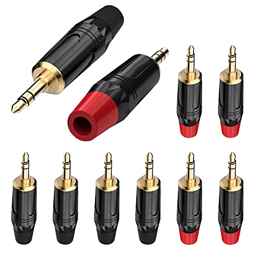 DKARDU 3.5mm Audio Solder Plug, TRS 3-Pole Stereo Headphone Male Plug Repair Replacement Solder Adapter, 1-8 Heavy Duty Jack DIY Audio Cable Connecor, Black & Red (10 Pack)