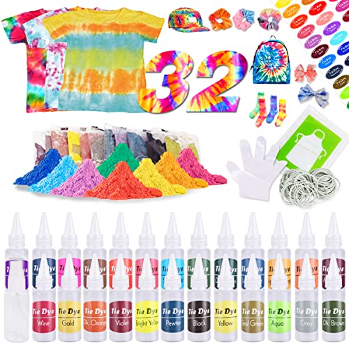 Genround DIY Tie Dye Kit, 32 Farbe DIY Tissu Textile Couleurs Ensemble de Teinture Batik sûr et Non Toxique, Peinture Textile Permanente Couleurs avec Gants, Bande Elastique et Tablier, pour Adultes Cover