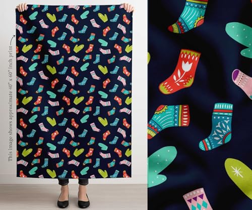 Image of Soimoi Blue Cotton Canvas Fabric Socks & Gloves Folk Art Print Fabric by the Meter 42 Inch Wide