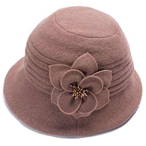 Womens Gatsby 1920s Winter Wool Cap Beret Beanie Cloche Bucket Hat A299 (Camel)