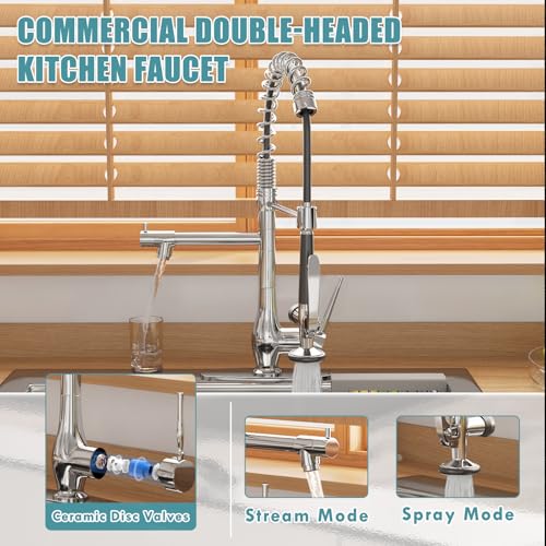 Image of GIMILI Chrome Kitchen Faucet with Pull Down Sprayer, Single Handle High Pressure Kitchen Sink Faucet, Commercial Double-Headed Stainless Steel Kitchen Faucets Sink with Deck Plate
